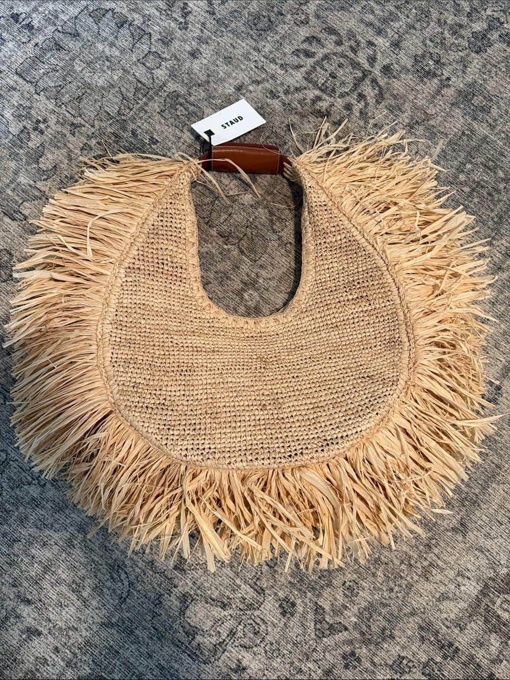 STAUD Natural Raffia Fringe Moon Tote Large with Brown Handle - Picture 2 of 4